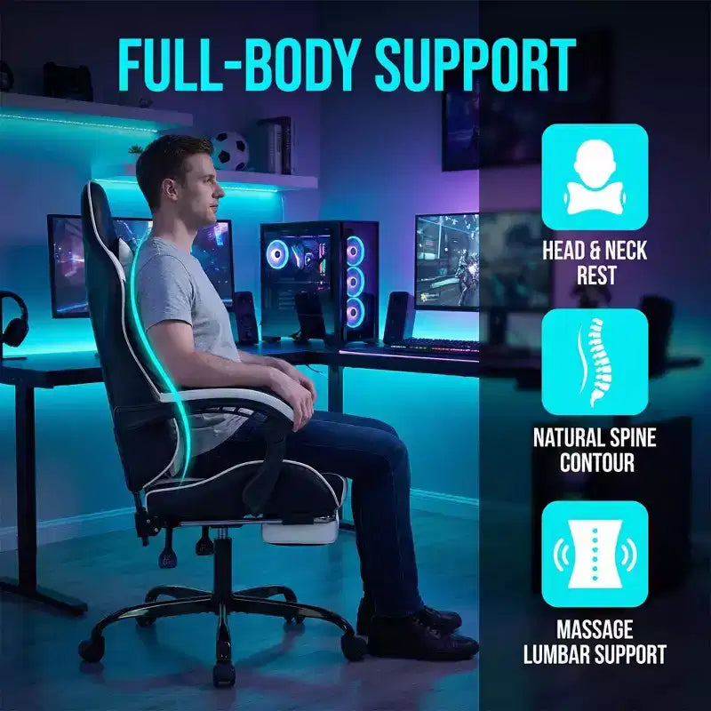 Chaise de jeu ergonomique avec repose-pieds, coussin lombaire massant, appui-tête et capacité de 150 kg