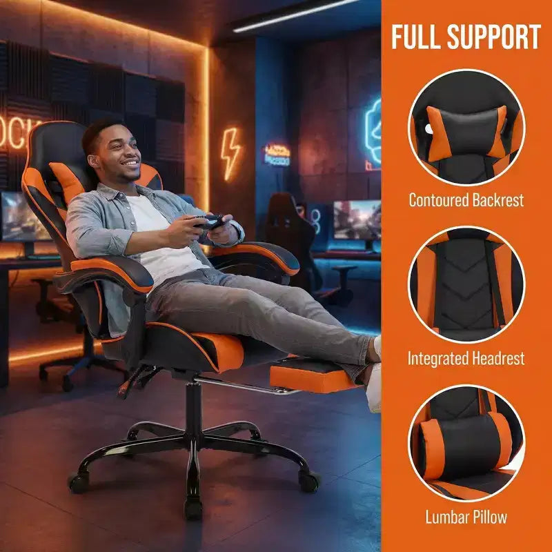 Chaise de jeu ergonomique avec repose-pieds, coussin lombaire massant, appui-tête et capacité de 150 kg