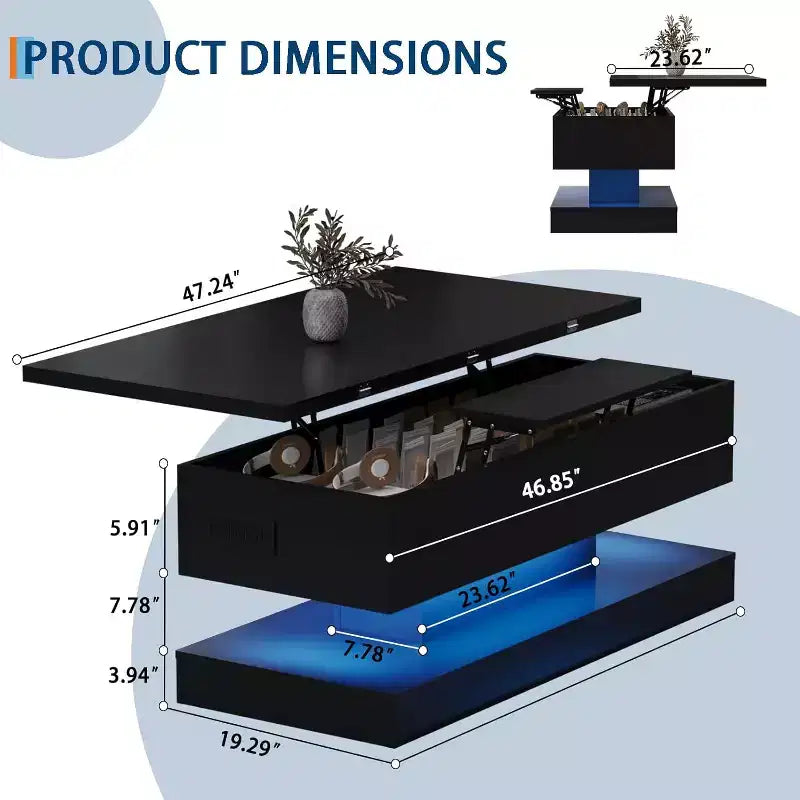 Table basse relevable de 119 cm avec rangement caché – Noir moderne, MDF et panneaux de particules