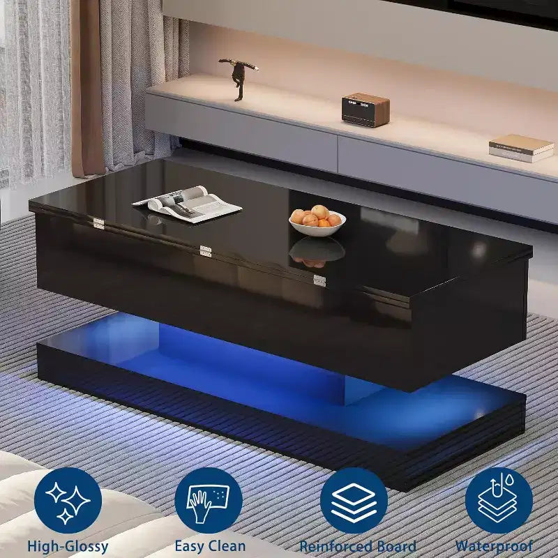 Table basse relevable de 119 cm avec rangement caché – Noir moderne, MDF et panneaux de particules