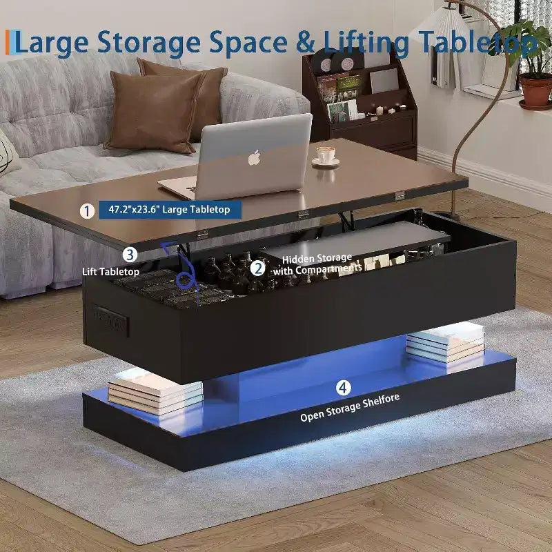 Table basse relevable de 119 cm avec rangement caché – Noir moderne, MDF et panneaux de particules