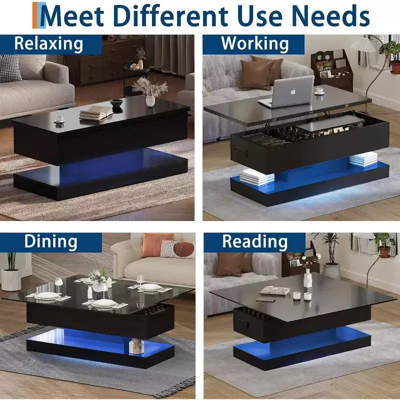 Table basse relevable de 119 cm avec rangement caché – Noir moderne, MDF et panneaux de particules