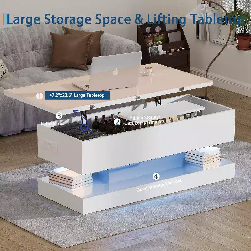 Table basse relevable de 119 cm avec rangement caché – Noir moderne, MDF et panneaux de particules