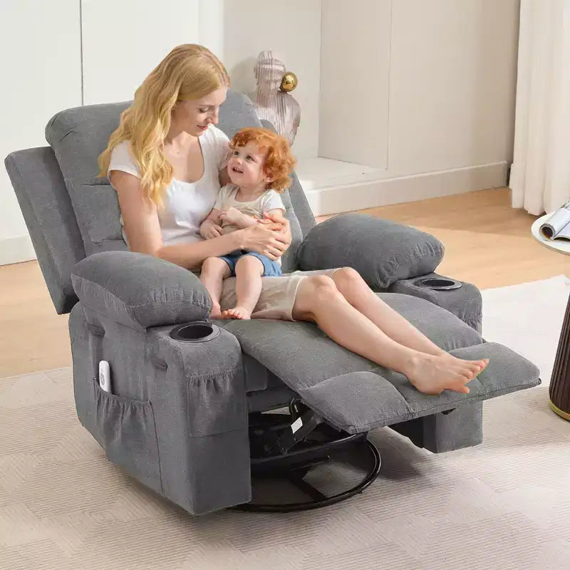 Fauteuil inclinable pivotant et berçant avec massage, chauffage et pivotement à 360° – Capacité de 181 kg, Lin