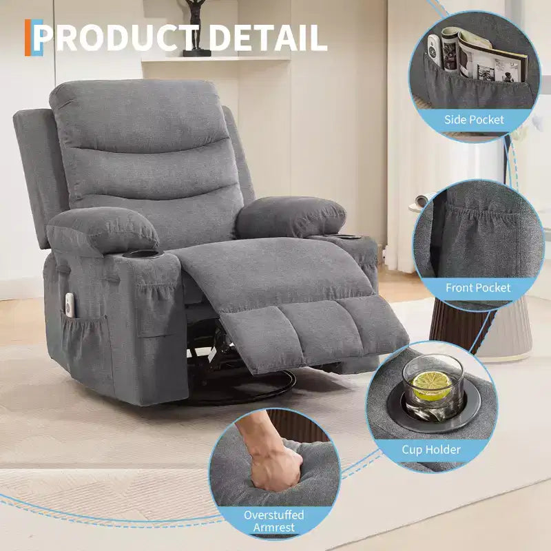 Fauteuil inclinable pivotant et berçant avec massage, chauffage et pivotement à 360° – Capacité de 181 kg, Lin