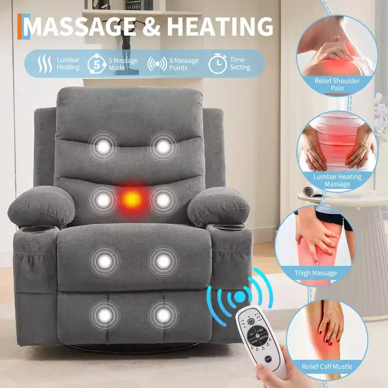 Fauteuil inclinable pivotant et berçant avec massage, chauffage et pivotement à 360° – Capacité de 181 kg, Lin