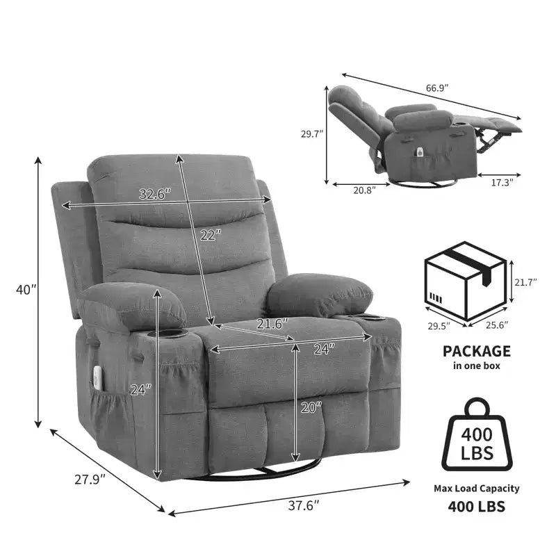 Fauteuil inclinable pivotant et berçant avec massage, chauffage et pivotement à 360° – Capacité de 181 kg, Lin