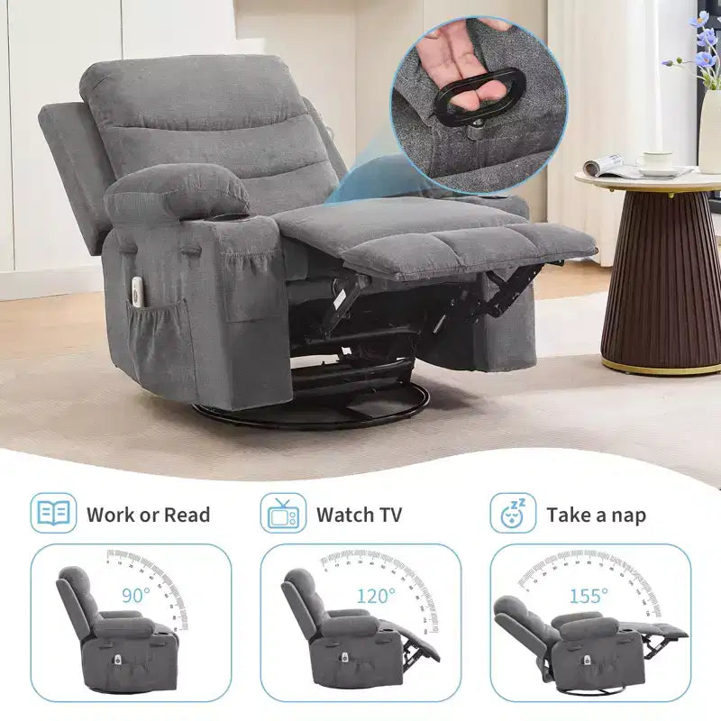 Fauteuil inclinable pivotant et berçant avec massage, chauffage et pivotement à 360° – Capacité de 181 kg, Lin