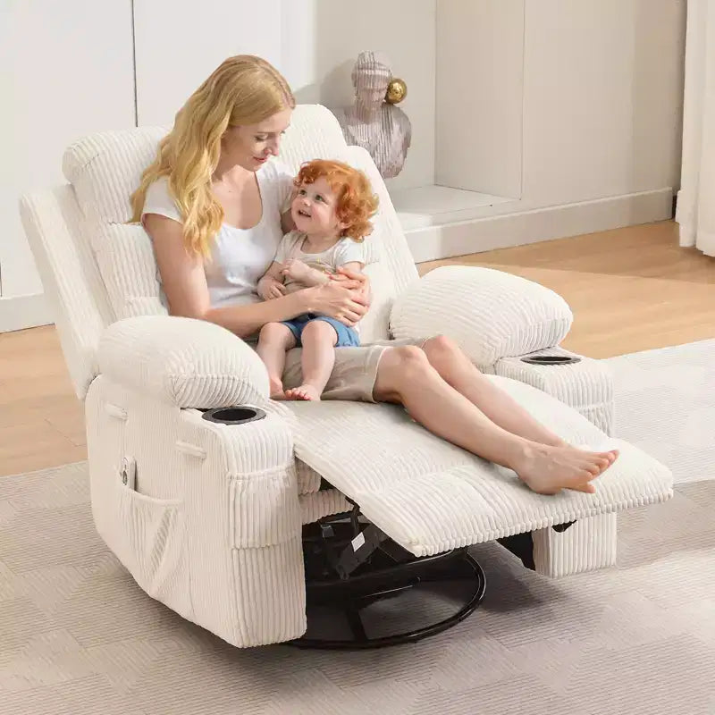 Fauteuil inclinable pivotant et berçant avec massage, chauffage et pivotement à 360° – Capacité de 181 kg, Lin