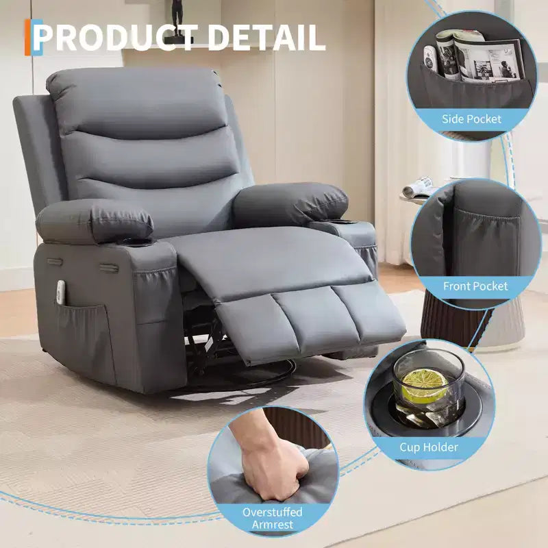 Fauteuil inclinable pivotant et berçant avec massage, chauffage et pivotement à 360° – Capacité de 181 kg, Lin