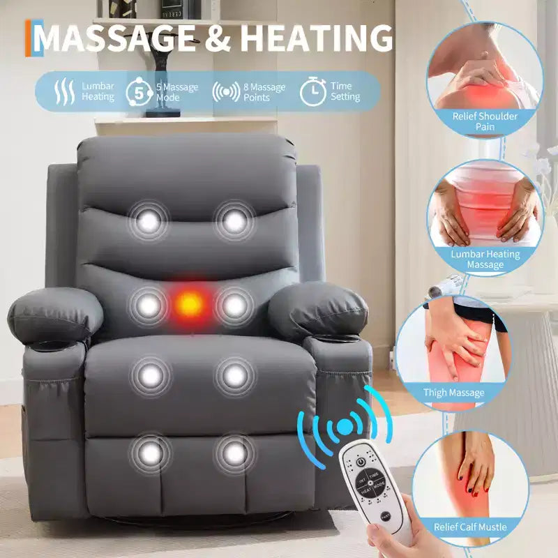 Fauteuil inclinable pivotant et berçant avec massage, chauffage et pivotement à 360° – Capacité de 181 kg, Lin