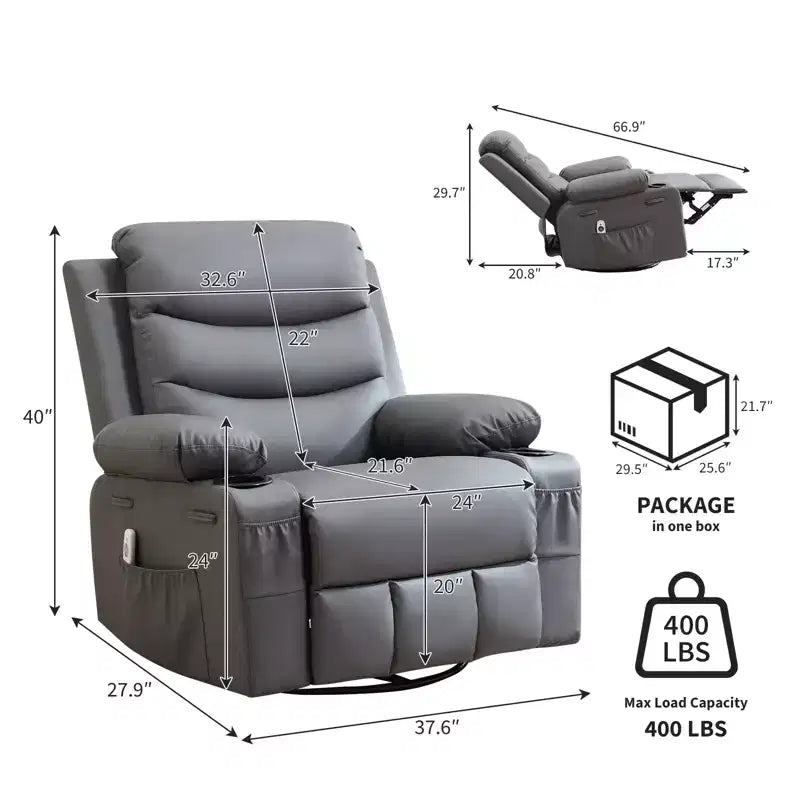 Fauteuil inclinable pivotant et berçant avec massage, chauffage et pivotement à 360° – Capacité de 181 kg, Lin