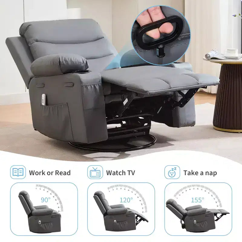 Fauteuil inclinable pivotant et berçant avec massage, chauffage et pivotement à 360° – Capacité de 181 kg, Lin