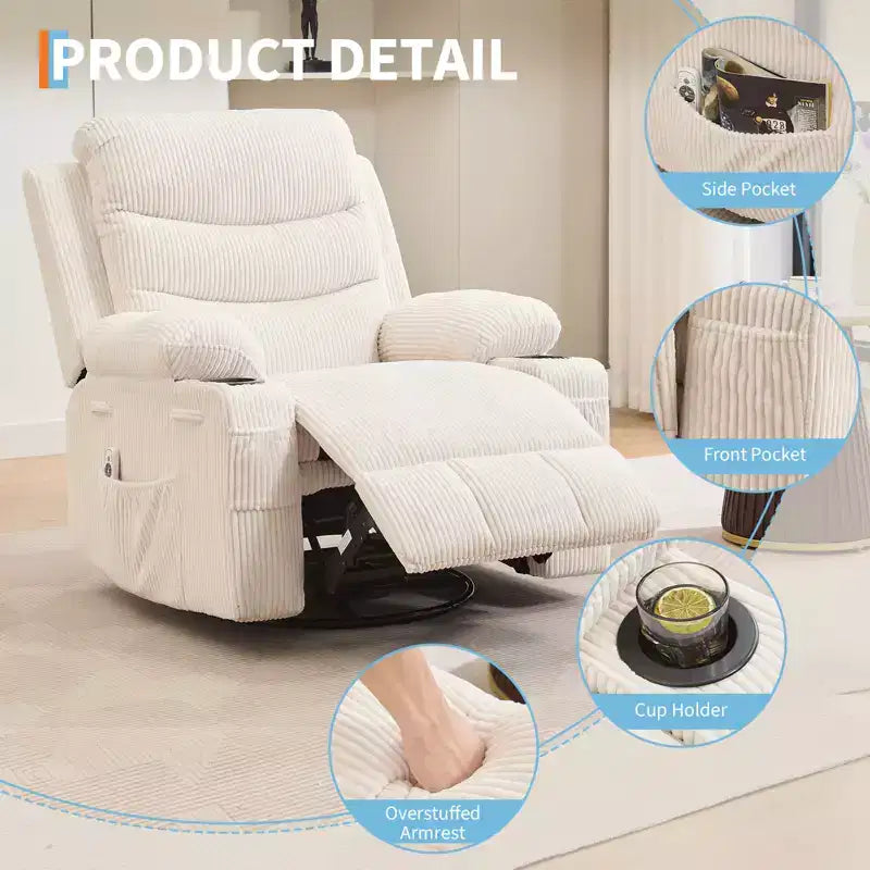 Fauteuil inclinable pivotant et berçant avec massage, chauffage et pivotement à 360° – Capacité de 181 kg, Lin