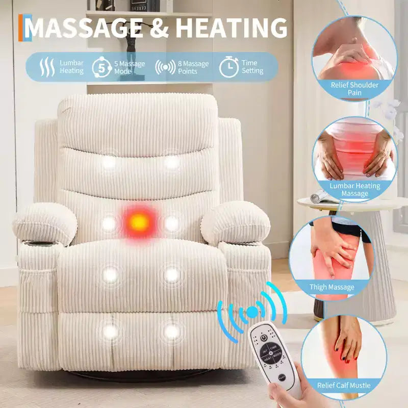 Fauteuil inclinable pivotant et berçant avec massage, chauffage et pivotement à 360° – Capacité de 181 kg, Lin
