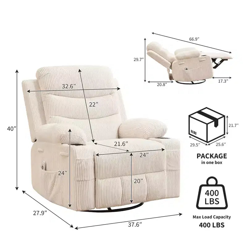 Fauteuil inclinable pivotant et berçant avec massage, chauffage et pivotement à 360° – Capacité de 181 kg, Lin