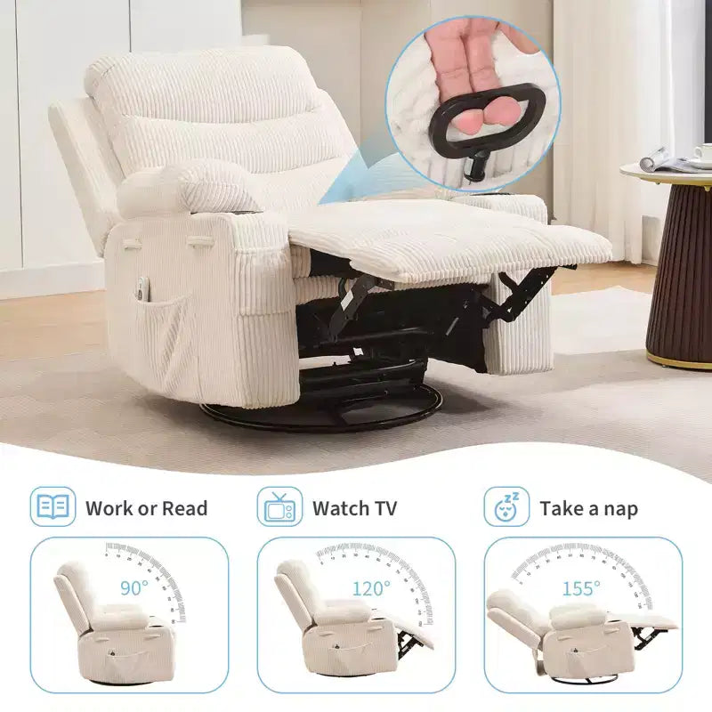 Fauteuil inclinable pivotant et berçant avec massage, chauffage et pivotement à 360° – Capacité de 181 kg, Lin