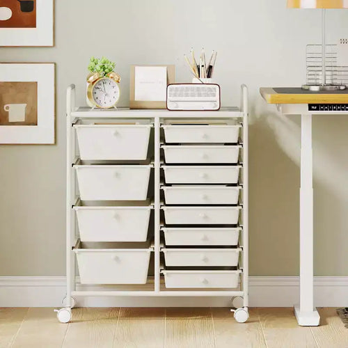 Chariot de rangement à roulettes 12 tiroirs avec tiroirs amovibles et roulettes verrouillables – Blanc, organiseur de bureau
