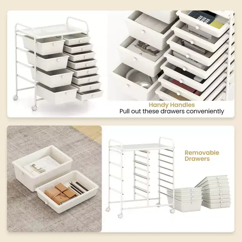 Chariot de rangement à roulettes 12 tiroirs avec tiroirs amovibles et roulettes verrouillables – Blanc, organiseur de bureau