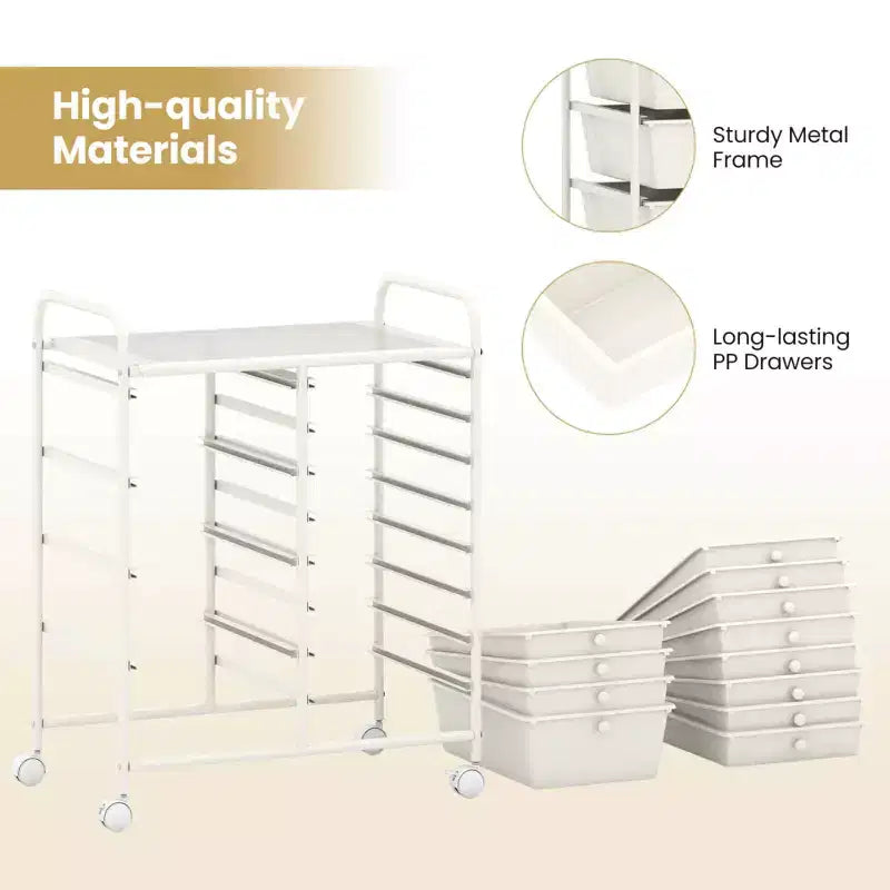 Chariot de rangement à roulettes 12 tiroirs avec tiroirs amovibles et roulettes verrouillables – Blanc, organiseur de bureau
