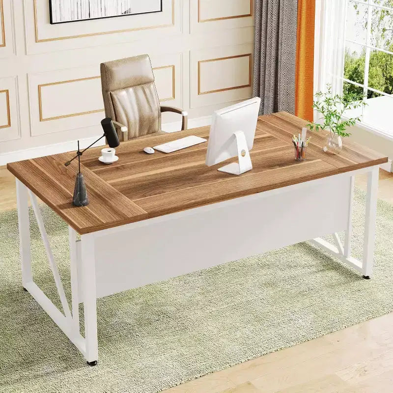 Lantine 63-inch Computer Desk with Bottom Storage Shelf, Dark Walnut and Steel Leg, Home Office Writing Workstation, Cabinet not Included (Beige)
