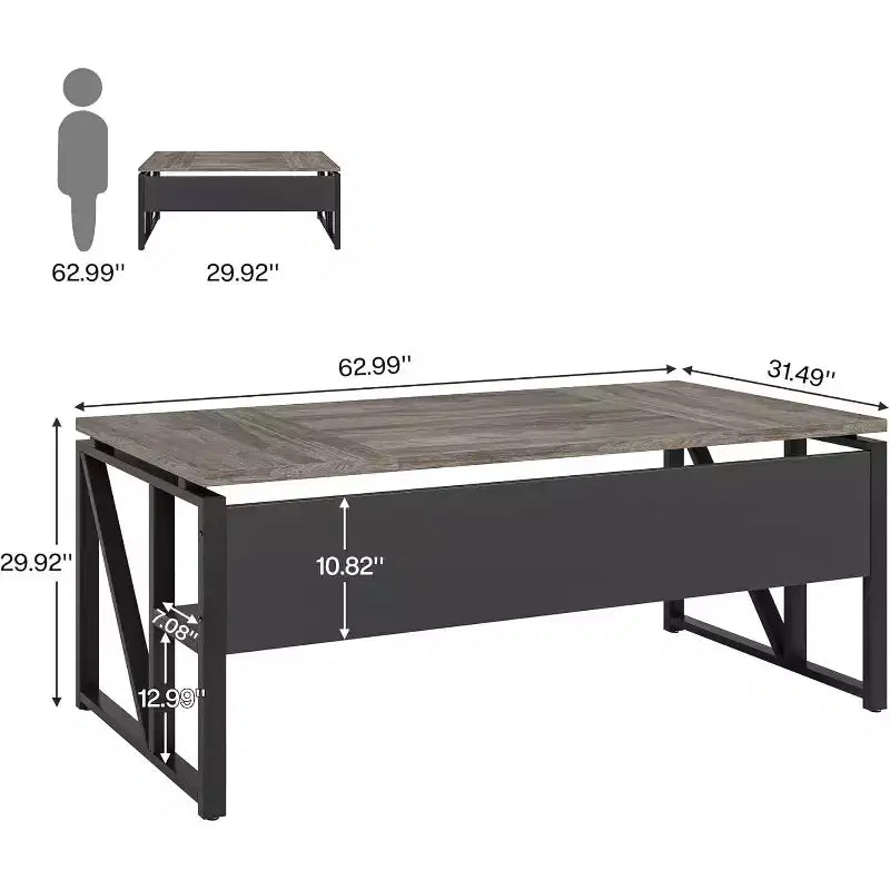 Bureau d'ordinateur de 63 po avec étagère de rangement inférieure et panneau métallique – Gris, noyer foncé et pieds en acier