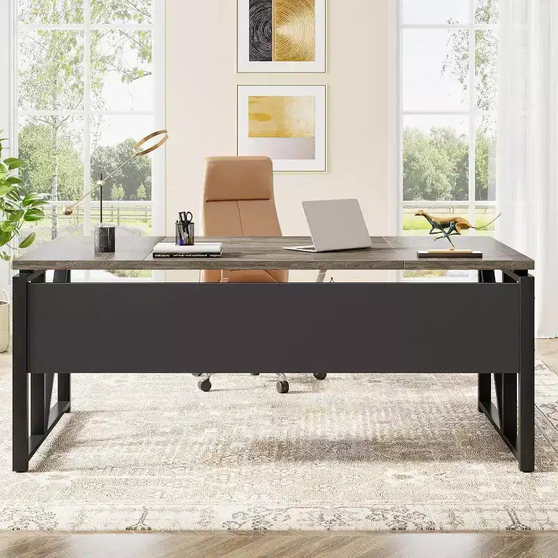 Bureau d'ordinateur de 63 po avec étagère de rangement inférieure et panneau métallique – Gris, noyer foncé et pieds en acier