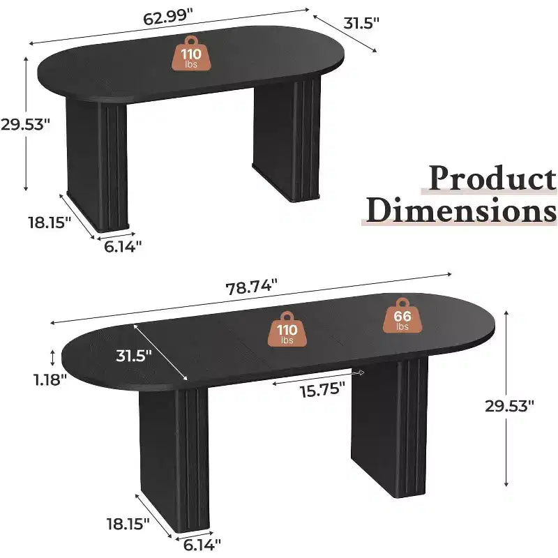 Table à manger ovale extensible pour 4 à 8 personnes – Finition effet travertin, coins arrondis, noire