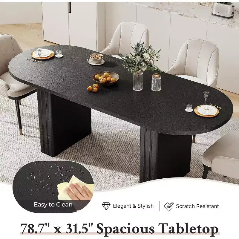 Table à manger ovale extensible pour 4 à 8 personnes – Finition effet travertin, coins arrondis, noire