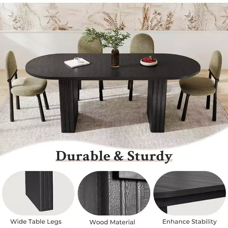 Table à manger ovale extensible pour 4 à 8 personnes – Finition effet travertin, coins arrondis, noire