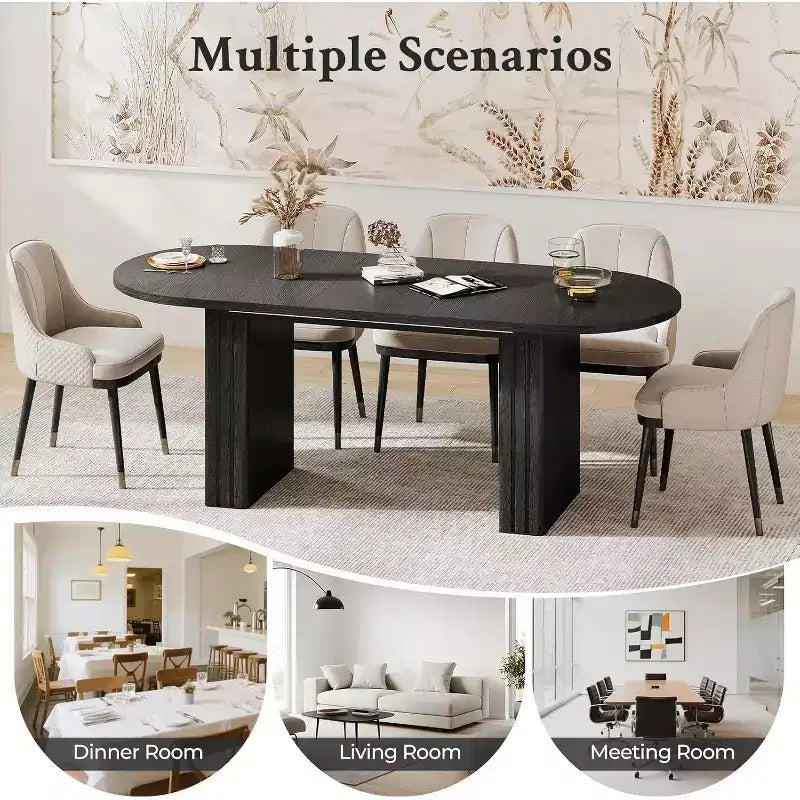 Table à manger ovale extensible pour 4 à 8 personnes – Finition effet travertin, coins arrondis, noire