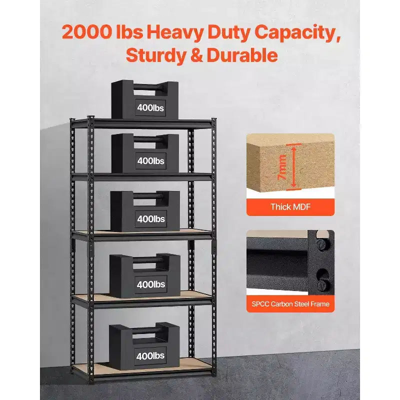 Étagère de rangement de garage en acier réglable à 5 niveaux – Capacité de 907 kg, 81 cm (l) x 41 cm (P) x 160 cm (H)