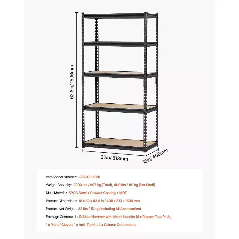 Étagère de rangement de garage en acier réglable à 5 niveaux – Capacité de 907 kg, 81 cm (l) x 41 cm (P) x 160 cm (H)