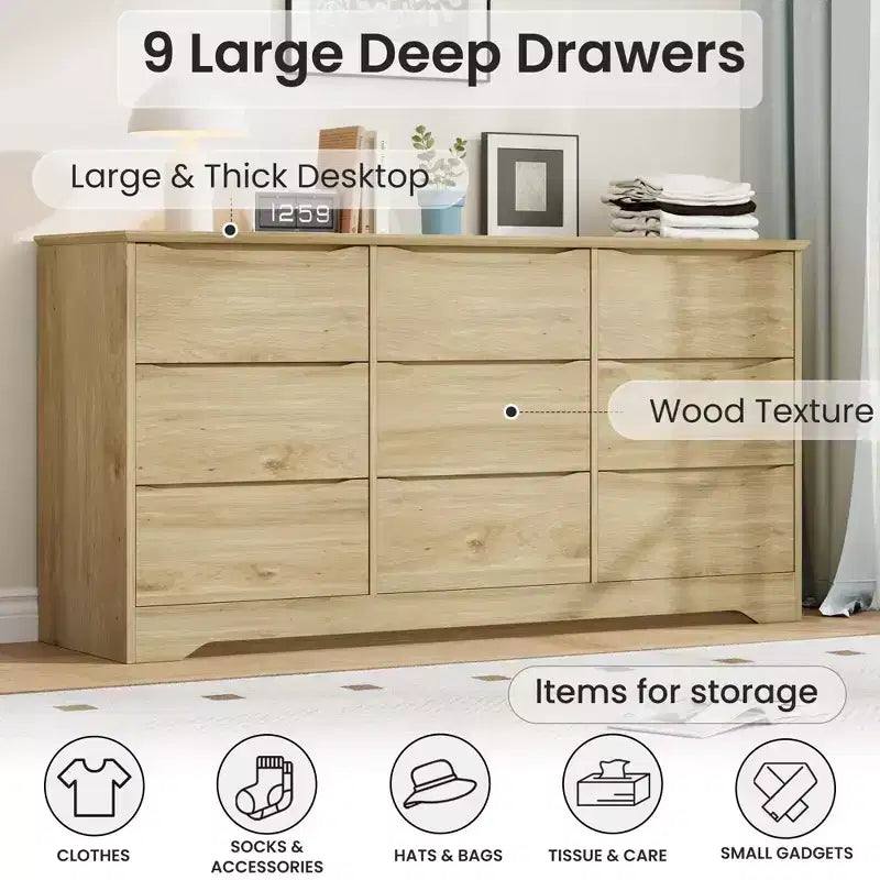 Commode en bois de 150 cm de large à 9 tiroirs avec poignées discrètes et plateau large – Meuble de rangement moderne