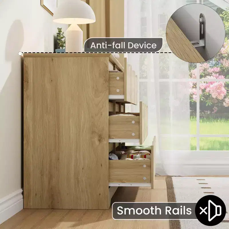 Commode en bois de 150 cm de large à 9 tiroirs avec poignées discrètes et plateau large – Meuble de rangement moderne