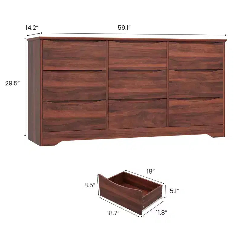 Commode en bois de 150 cm de large à 9 tiroirs avec poignées discrètes et plateau large – Meuble de rangement moderne