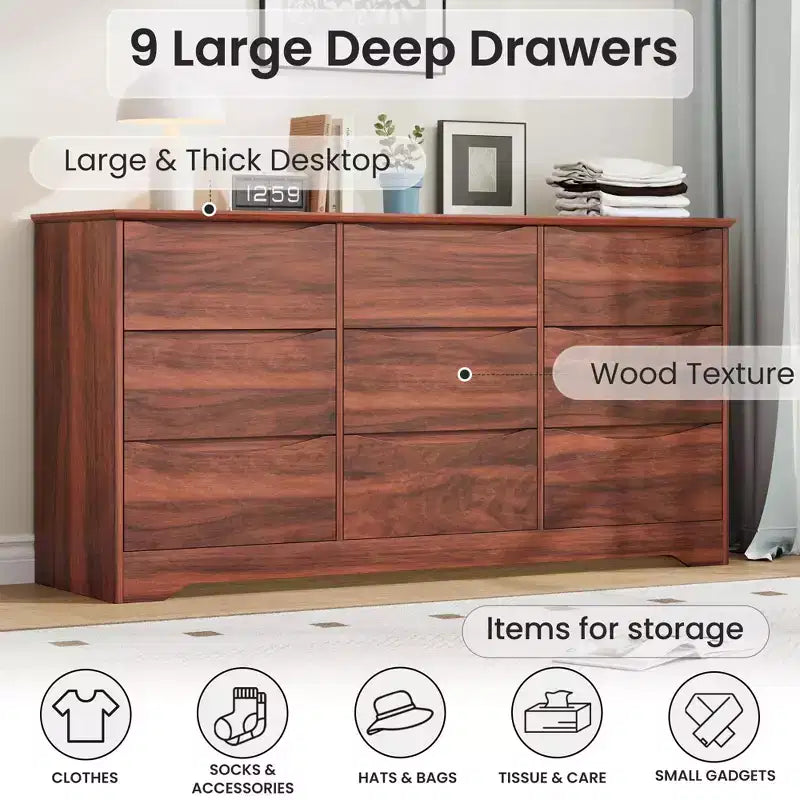 Commode en bois de 150 cm de large à 9 tiroirs avec poignées discrètes et plateau large – Meuble de rangement moderne