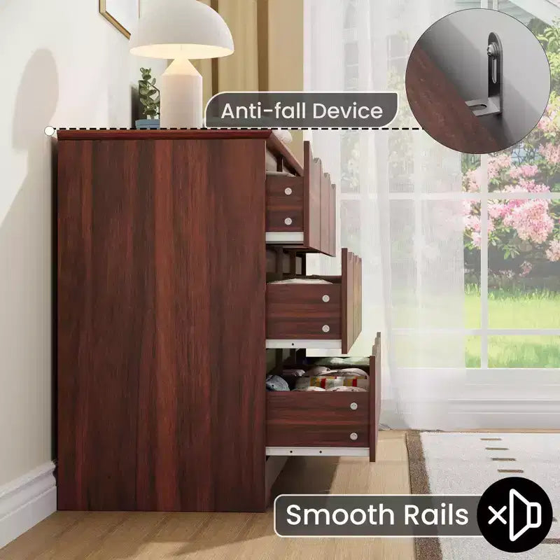Commode en bois de 150 cm de large à 9 tiroirs avec poignées discrètes et plateau large – Meuble de rangement moderne