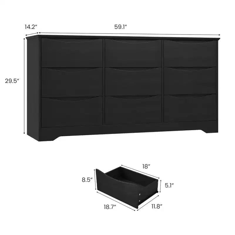 Commode en bois de 150 cm de large à 9 tiroirs avec poignées discrètes et plateau large – Meuble de rangement moderne