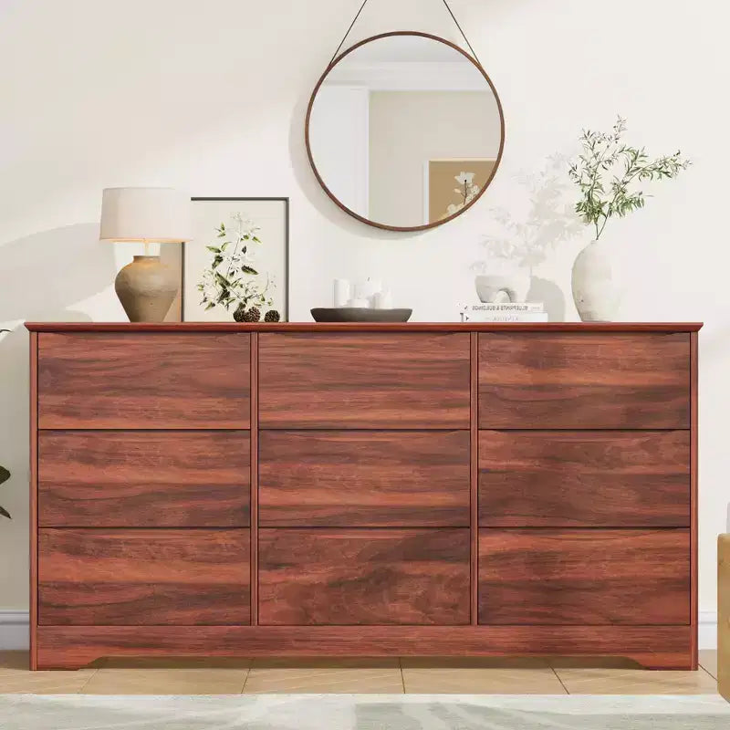 Commode en bois de 150 cm de large à 9 tiroirs avec poignées discrètes et plateau large – Meuble de rangement moderne