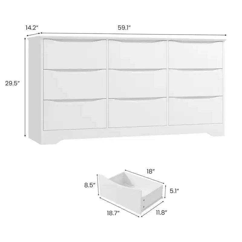 Commode en bois de 150 cm de large à 9 tiroirs avec poignées discrètes et plateau large – Meuble de rangement moderne