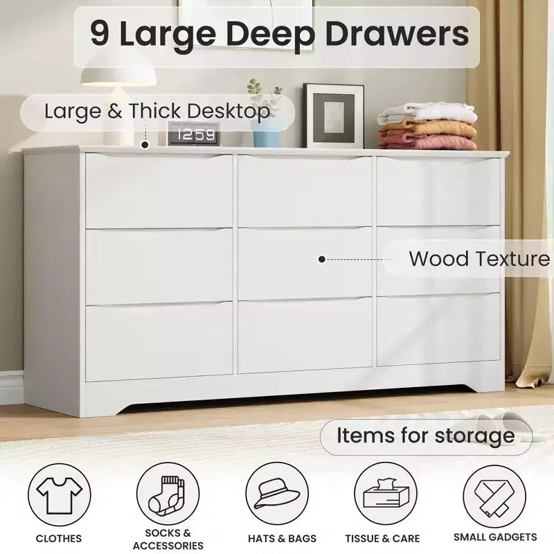 Commode en bois de 150 cm de large à 9 tiroirs avec poignées discrètes et plateau large – Meuble de rangement moderne