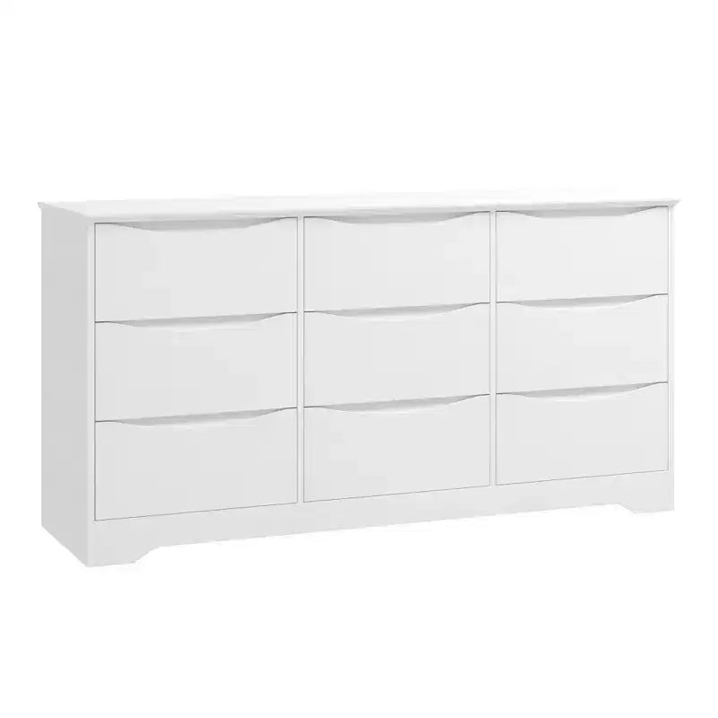 Commode en bois de 150 cm de large à 9 tiroirs avec poignées discrètes et plateau large – Meuble de rangement moderne