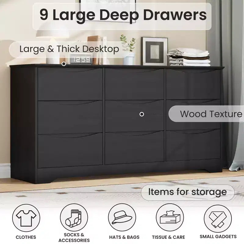 Commode en bois de 150 cm de large à 9 tiroirs avec poignées discrètes et plateau large – Meuble de rangement moderne