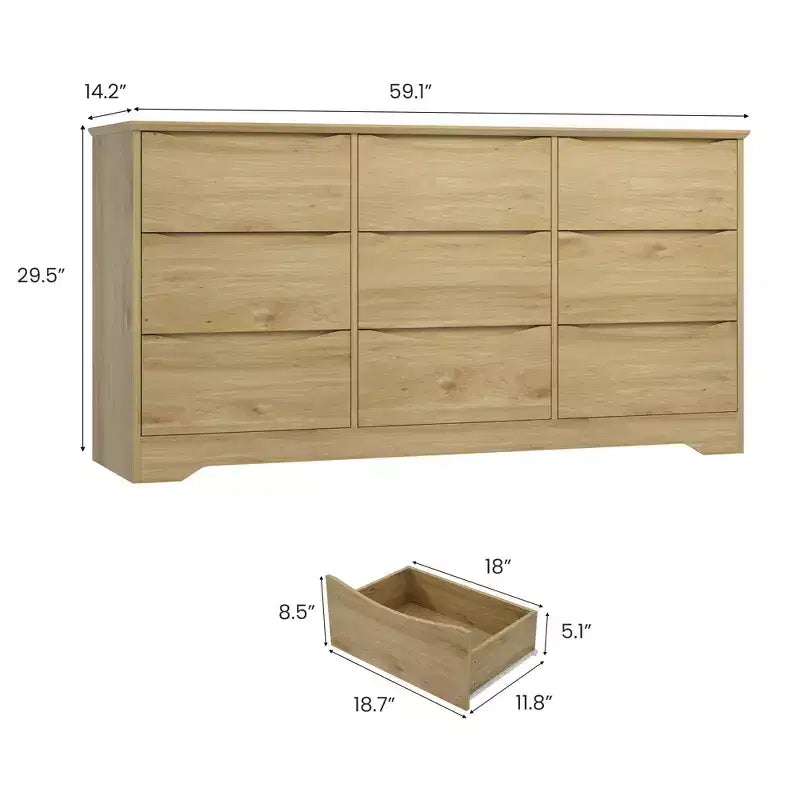 Commode en bois de 150 cm de large à 9 tiroirs avec poignées discrètes et plateau large – Meuble de rangement moderne