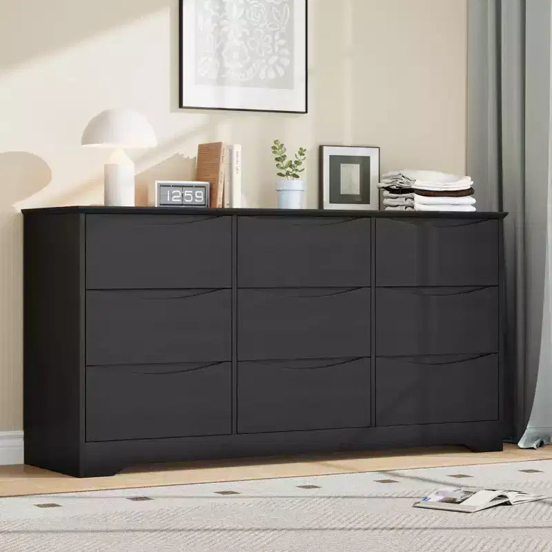 COZONY 9-Drawer Wooden Dresser, 59 Wide Modern Storage Chest with Hidden Handles & Wide Top