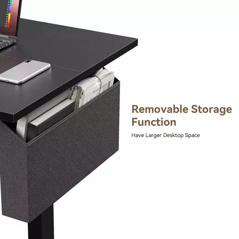 Bureau debout électrique réglable en hauteur de 55 pouces – Préréglages de mémoire, sac de rangement et crochets, noir