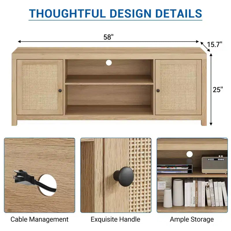 Meuble TV de 168 cm avec 2 portes en rotin et étagères réglables – Style Campagne