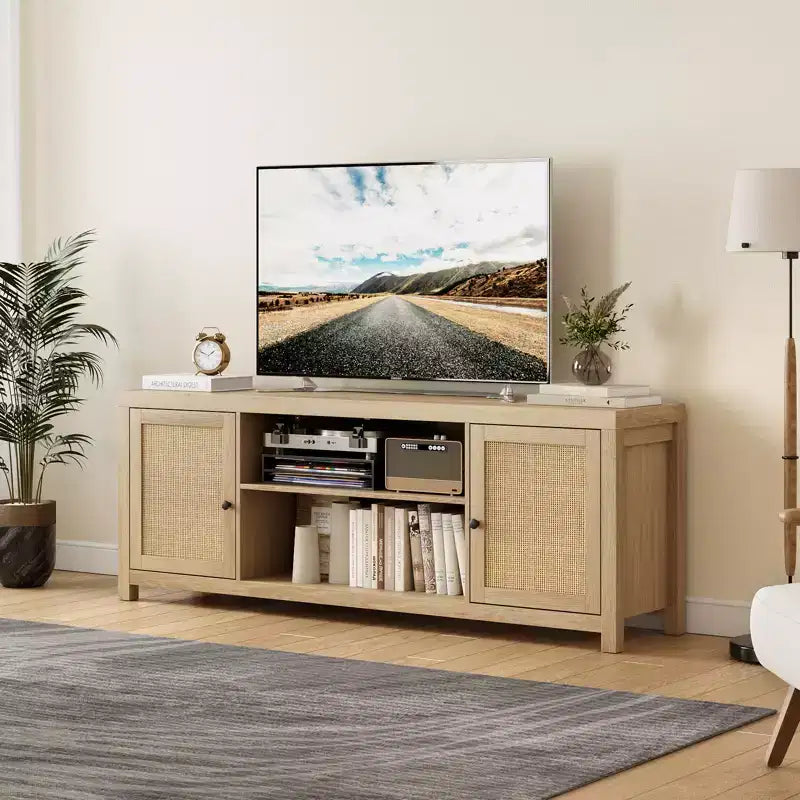 Meuble TV de 168 cm avec 2 portes en rotin et étagères réglables – Style Campagne