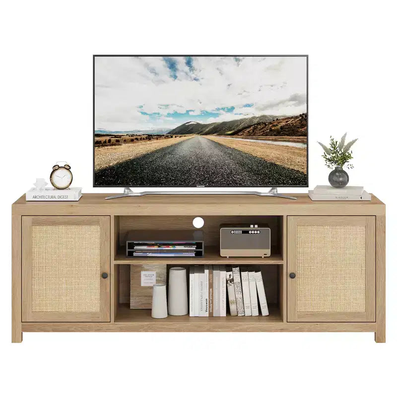 Meuble TV de 168 cm avec 2 portes en rotin et étagères réglables – Style Campagne